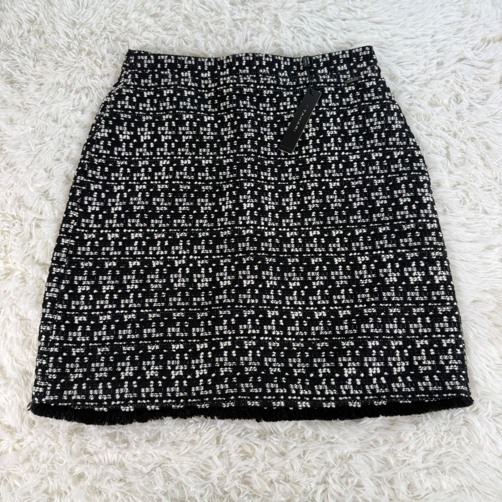 T Tahari Womens Black Ivory Tweed Mini Skirt Fringed Hem Preppy Corpcore Classic